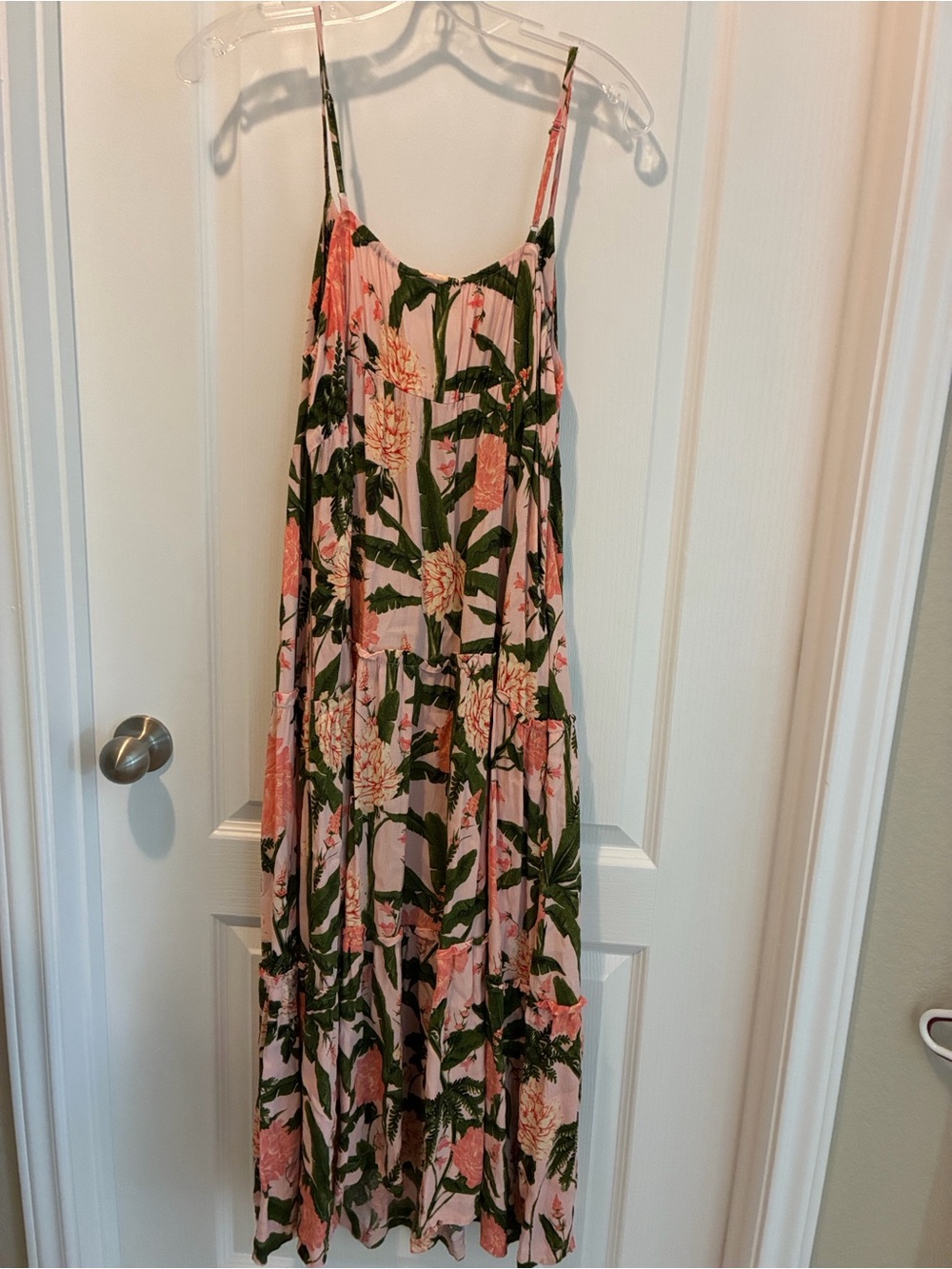 Agua Bendita Blush Pink Dress with Olive Green Leaves